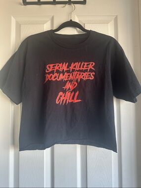 Black Graphic Tee with Red 'Serial Killer Documentaries and Chill' Print